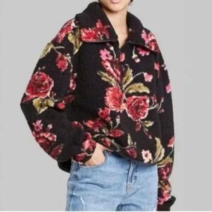 Wild Fable Black Floral Fluffy Jacket Half Zip Up